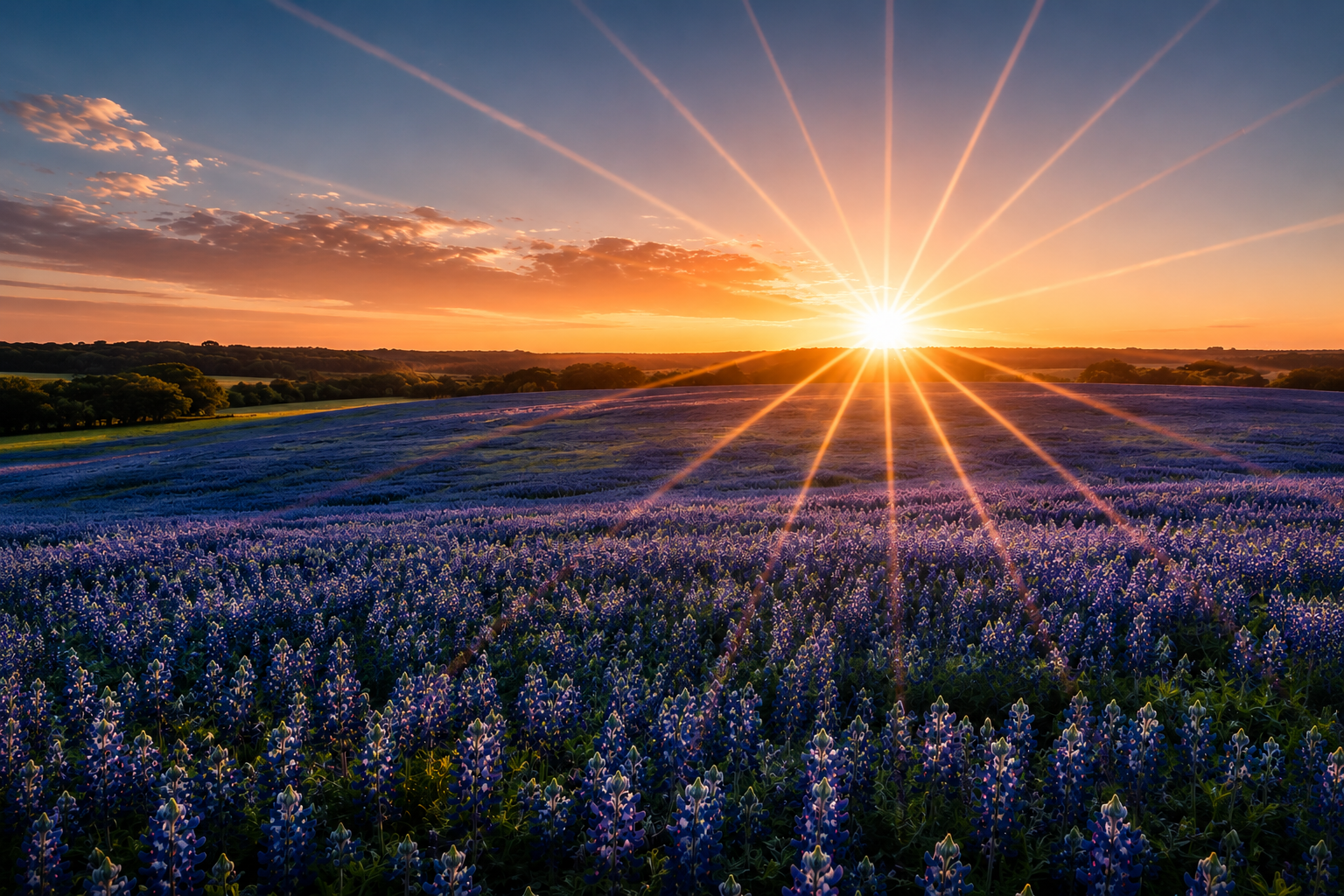 Sunrise bursting over a field of bluebonnets — the Bluefield & Stone mark, in real light