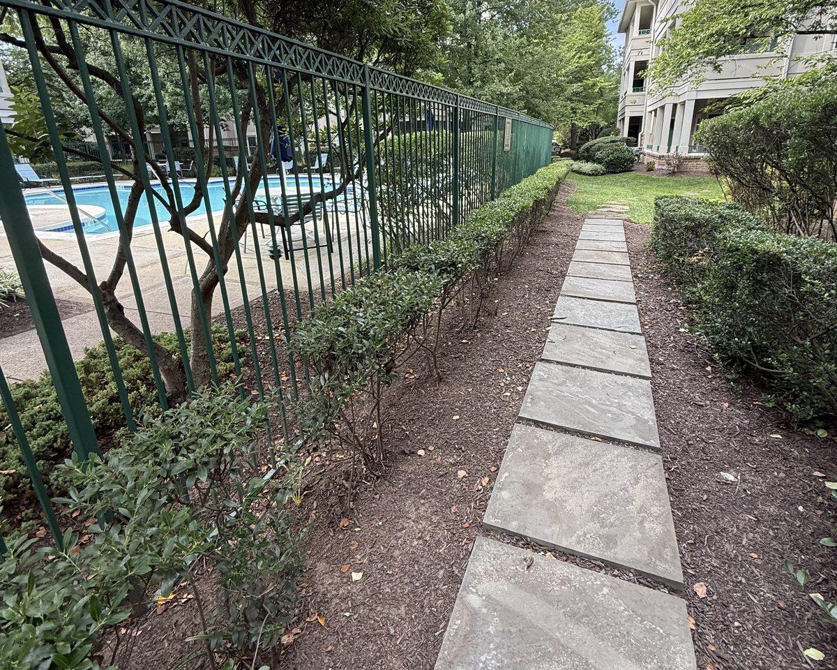 The site today: a stepping-stone path squeezed between a pool fence and a building