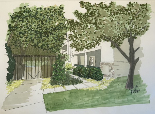Marker-colored rendering of a community entry garden beneath mature trees