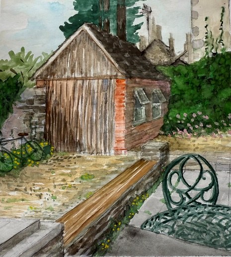 Watercolor of a garden shed with stone wall and iron bench